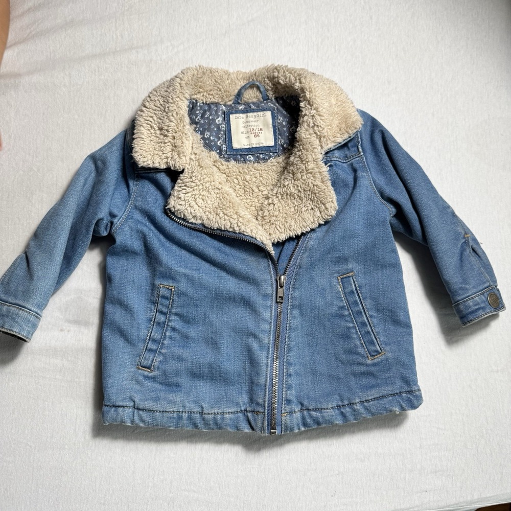 Zara Kids‎ Toddler Girl Denim Jacket Cream Sherpa Colar Zipper Sz 12-18 M